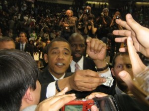 I saw Obama give his speech during his presidential run in Texas 2008.. I took this close picture when he turned a dollar donation